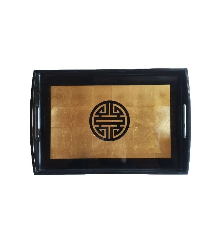 Plateau décoratif au motif asiatique traditionnel, en bois laqué noir et doré
