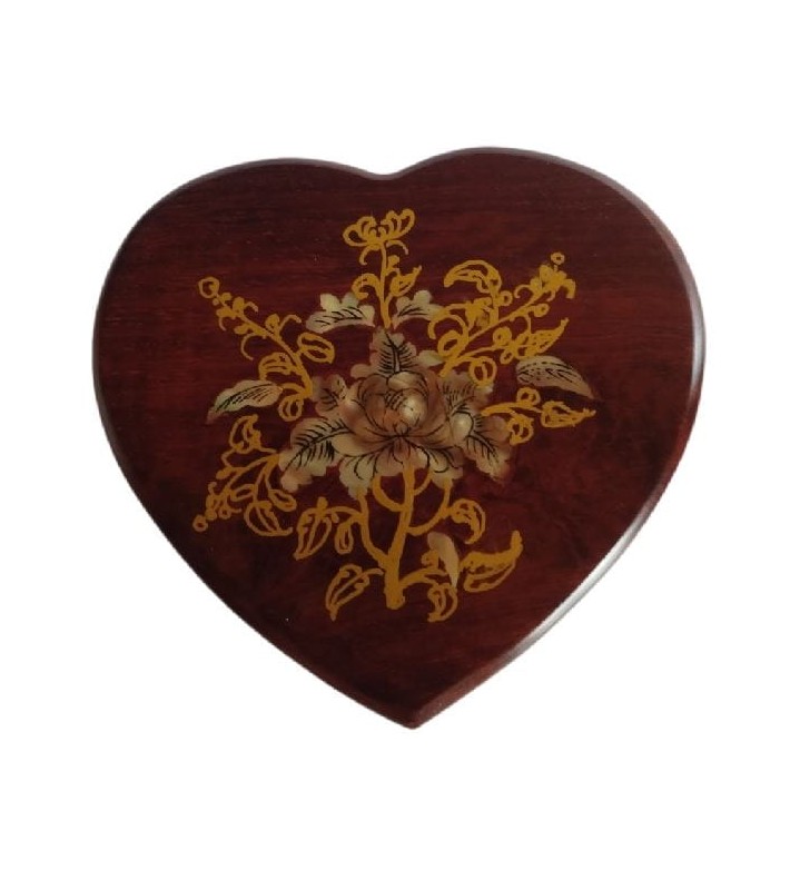Coffret à bijoux en bois en forme de cœur avec décor asiatique doré