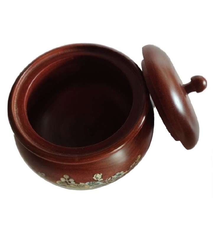 Sucrier asiatique en bois avec couvercle et décor floral nacré