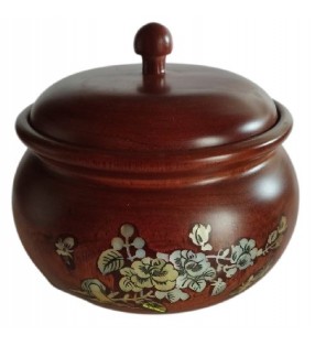 Bonbonnière asiatique en bois avec couvercle et décor floral nacré