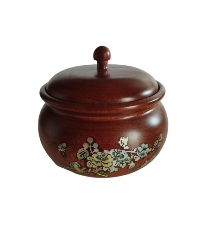 Bonbonnière asiatique en bois avec couvercle et décor floral nacré