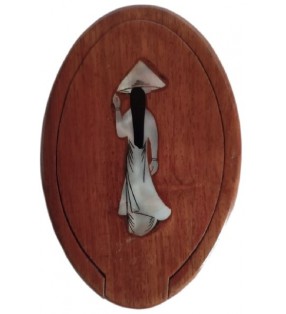 Miroir de poche asiatique en bois avec décor nacré