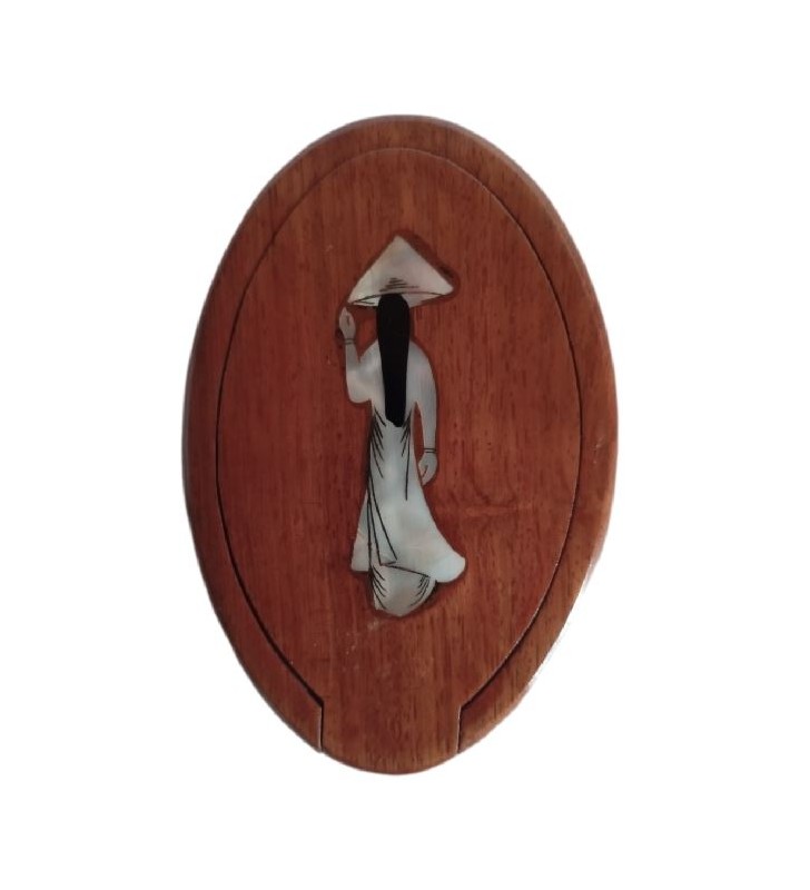 Miroir de poche asiatique en bois avec décor nacré