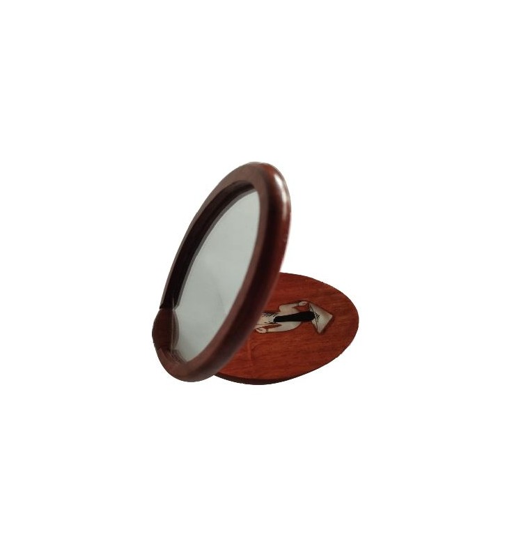Miroir de poche asiatique en bois clair avec décor nacré