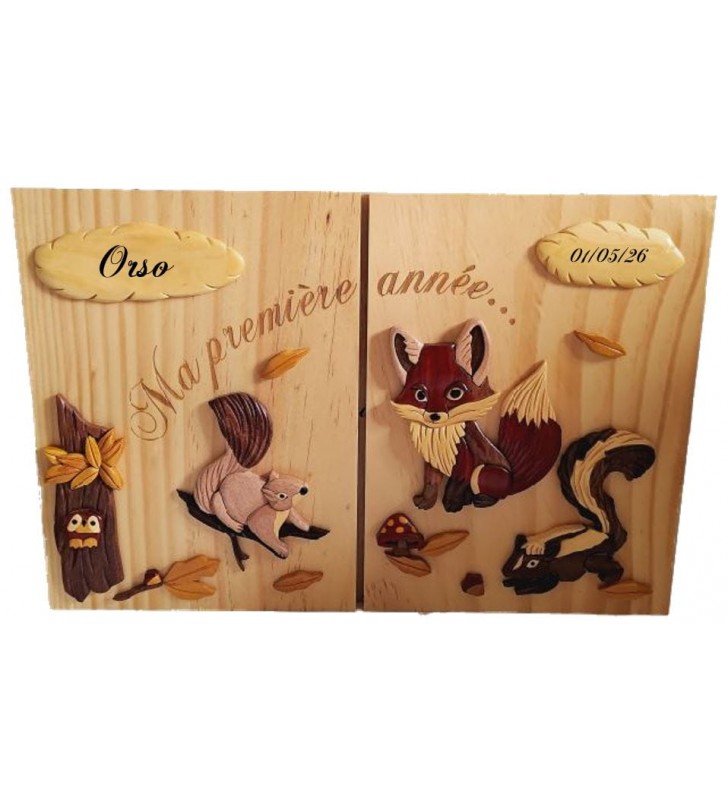 Cadre photo bébé en bois avec prénom et date de naissance, modèle Animaux de la forêt