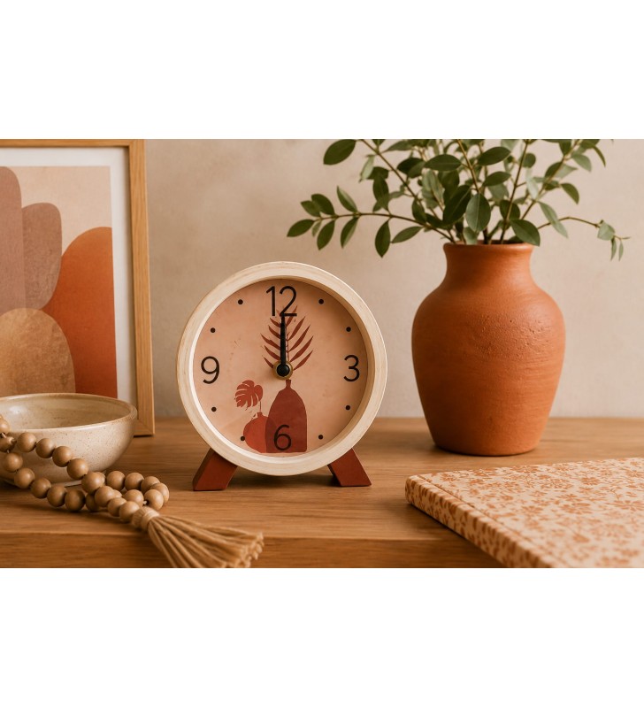 Horloge ronde en bois naturel à poser - Feuillage ou vases terracotta pour déco tendance