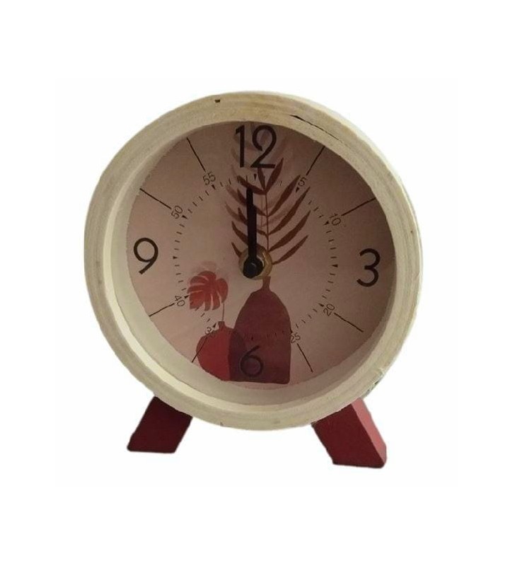 Horloge ronde en bois naturel à poser - Feuillage ou vases terracotta pour déco tendance