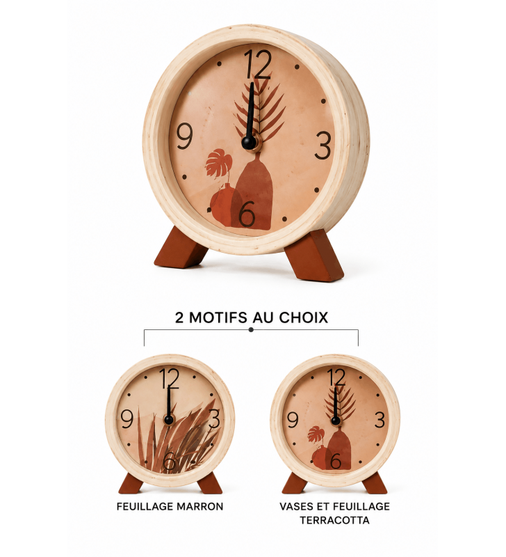 Horloge ronde en bois naturel à poser - Feuillage ou vases terracotta pour déco tendance