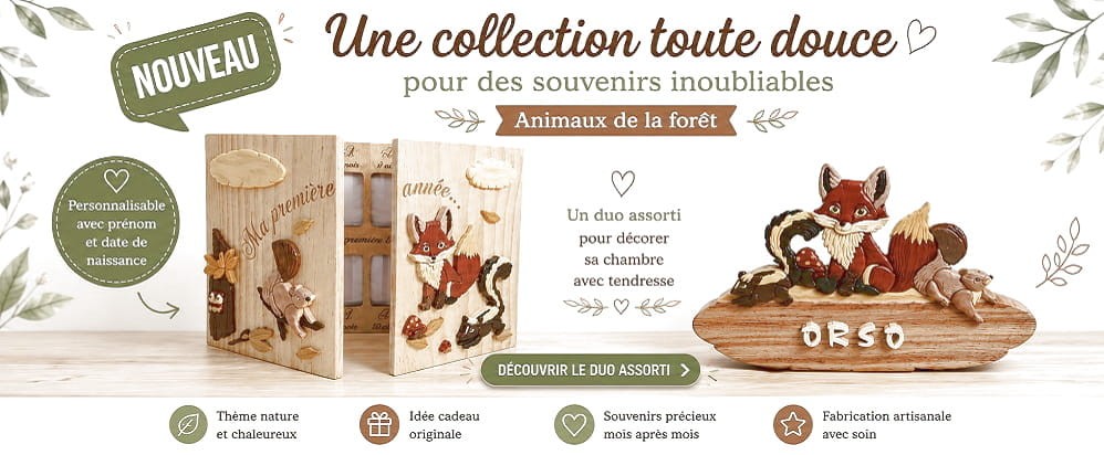 Plaque de porte prénom et cadre photo bébé assortis pour décorer la chambre de bébé sur le thème animaux de la forêt